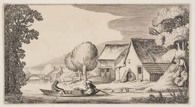 Farmer and Woman Farmer in a Row-Boat, from Landscapes (Pleasant Landscapes) by Claes Jansz. Visscher II