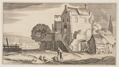 Three Figures in Conversation Near an Inn, from Landscapes by Claes Jansz. Visscher II