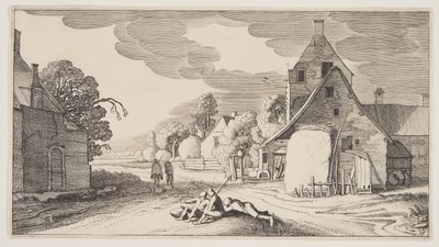 Three Peasants Resting at a Crossroad in a Village, from Landscapes by Claes Jansz. Visscher II