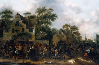 Peasants Dancing and Feasting in a Village Street by Claes Molenaer