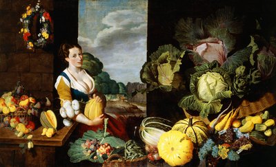 A Young Woman at a Fruit and Vegetable Stall by Claes van Heussen