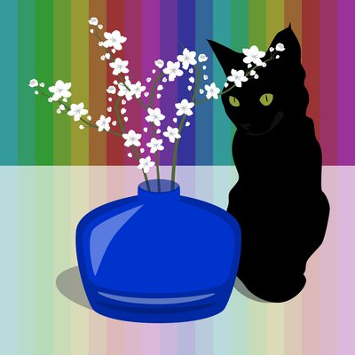Blue Glass Vase with Blossom and Black Cat by Claire Huntley