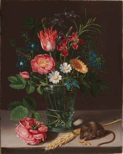 Flowers in a Vase with a Nibbling Mouse by Clara Peeters