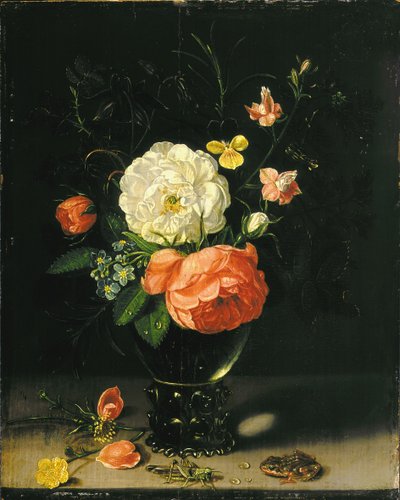 Flowers in a Vase with Grasshopper and Frog by Clara Peeters