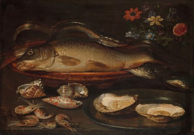 Still life with fish, oysters and shrimps by Charlotte Evans