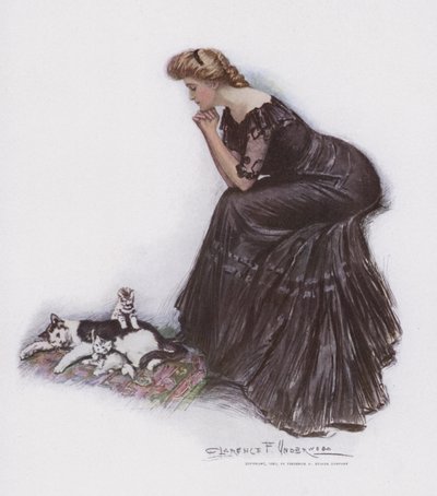 Woman Watching a Cat and Her Kittens by Clarence F. Underwood