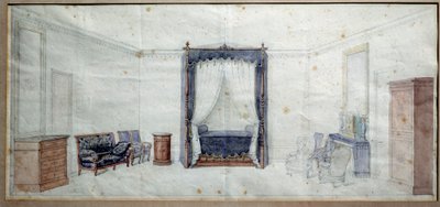 Bedroom (with chest of drawers, canape, armchair and four poster bed) by Claude Amie Chenavard