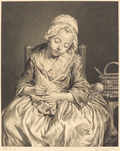 The Sleeping Knitter by Claude Donat Jardinier after Jean Baptiste Greuze
