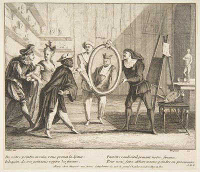 Pierrot and Scaramouche Show the Portrait of Harlequin by Claude Gillot, Jacques Gabriel Huquier