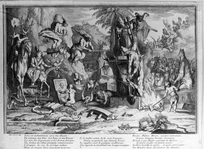 Sabbath ceremonies, demons, witches and monstrous creatures dancing. Engraving by Gillot by Claude Gillot