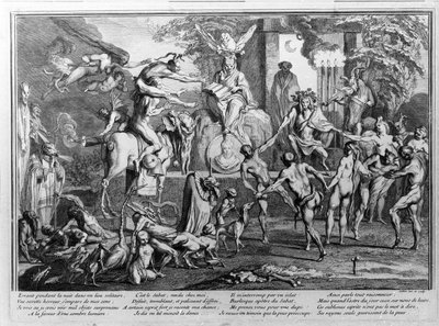 Sabbath Ceremony, Demons, Witches and Monstrous Creatures Dancing. Engraving by Gillet by Claude Gillot