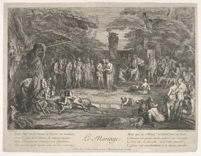 The Marriage: In a Forest, an Old Satyr Marries the Betrothed in Center by Claude Gillot