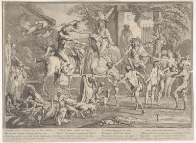 Witches Sabbath, within a nocturnal landscape, a necromancer seated at top center by Claude Gillot