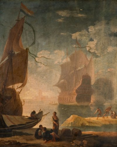 Harbour Scene With Man-Of-War And Figures On A Quay by Claude Joseph Vernet