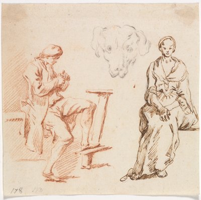 Sheet of Studies: Seated Man, Head of a Dog, Seated Woman by Claude Joseph Vernet