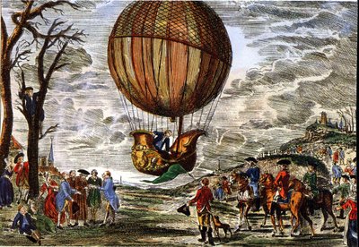 Flight of a hot air balloon under look of Duke of Chartres in 1783, engraving by Claude Louis (after) Desrais