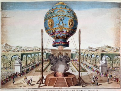 Experience of the Montgolfiere brothers on 19 October 1783 in the garden of Monsieur Reveillon, faubourg Saint Antoine in Paris. Engraving by Claude Louis Desrais by Claude Louis Desrais