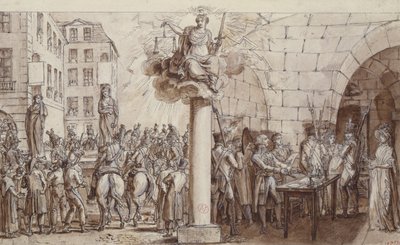 The widow Morin and her daughter Angelique Delaporte at the Conciergerie and punished with being shackled in public for the crime of extortion with violence of signatures, 1812 by Claude Louis Desrais