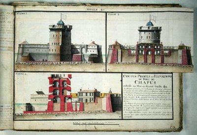 Cross-section and elevations of the Chapus Fort, from Traite de Fortifications by Claude Masse