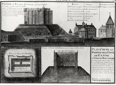 Cross-section and profile drawing of the Tour de Ganne at Tonnay Boutonne, from Recueil des Plans de Saintonge by Claude Masse