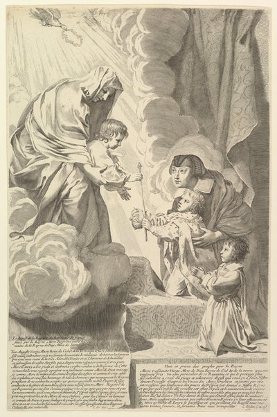 Anne of Austria with the Young Louis XIV and Monsieur before the Virgin and Child by Claude Mellan