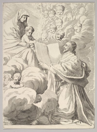 Cardinal Richelieu, Kneeling, Presents His Book to the Virgin and Child, ca. 1646 by Claude Mellan
