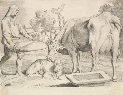 Country Scene with a Peasant, Cow and Calf by Claude Mellan