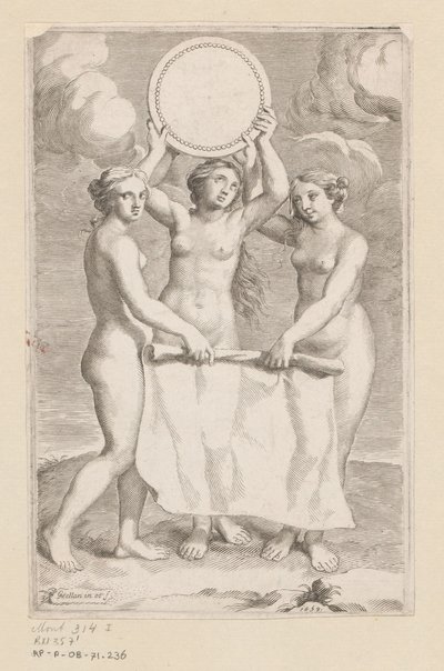 Three Graces with a Medallion (Title Page for: Balthazar de Vias, Charitum libri tres, 1660) by Claude Mellan