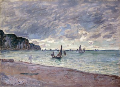 Fishing Boats in front of the Beach and Cliffs of Pourville by Claude Monet