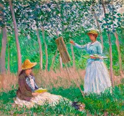 In the Woods at Giverny: Blanche Hoschedé at Her Easel with Suzanne Hoschedé Reading by Claude Monet