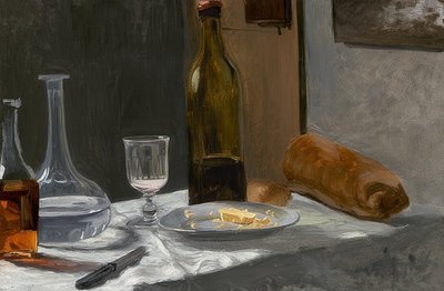 Still Life with Bottle, Carafe, Bread, and Wine. c. 1862/63 by Claude Monet