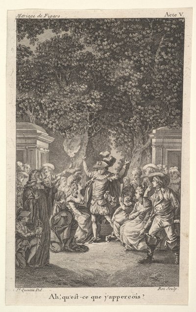 A young boy holds a torch under trees in a garden, at center a man raises both arms by Claude Nicolas Malapeau