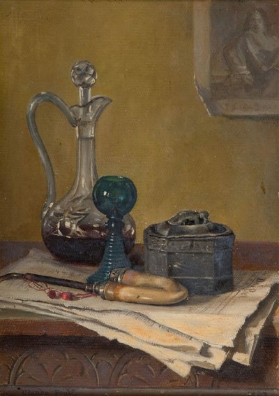 Still Life of Newspaper, Pipe, Decanter and Jar, 1887 by Claude Pratt
