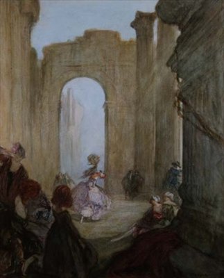 Girls watching a dancer among classical ruins by Claude Shepperson