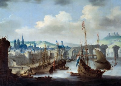 View of the City of Rouen. The Ships are Moored on the Banks of the Seine. Painting by Claude de Jongh by Claude de Jongh