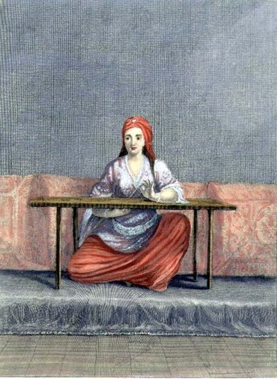 Turkish Woman Embroidering, engraved by C. du Bose, early 18th century by Claude du Bose