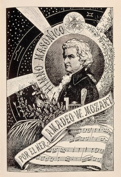 Representation of the Austrian Composer Wolfgang Amadeus Mozart (1756-1791), a Freemason Member Associated with the Encyclopedic Dictionary of Freemasonry, Late 19th - Early 20th Century (Engraving) by Claudio Castelucho