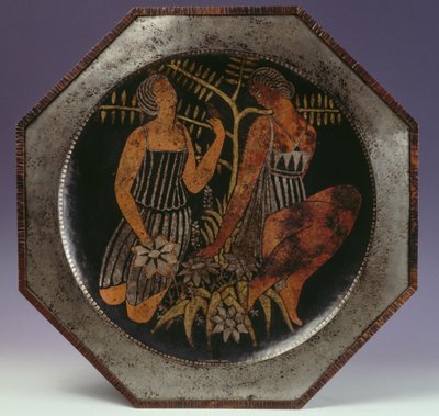 Brass octagonal plate with two figures of young girls and tree by Claudius Linossier