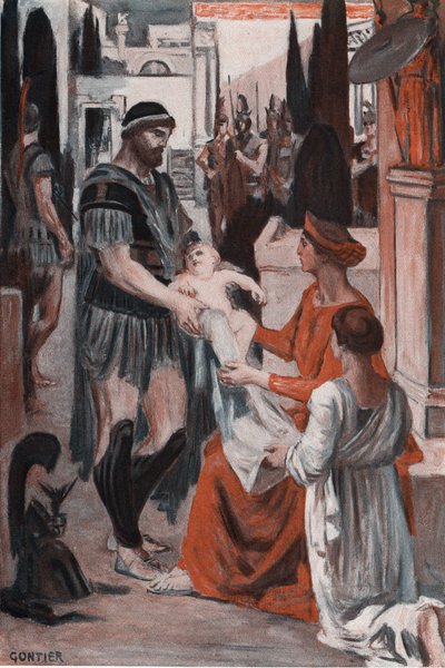 Hector and Andromaque Farewell. Illustration by Clement Gontier for Homer