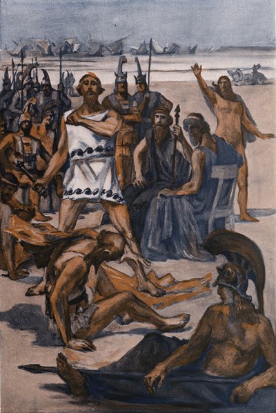Thersite hit by Ulysses. Illustration by Clement Gontier for Homer