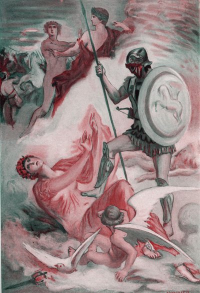 Venus Injured by Diomede Trying to Save Her Son Aeneas. Illustration by Clement Gontier for Homer