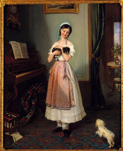 A Young Girl in a Bourgeois Interior with Two Dogs by Clementine de Bar