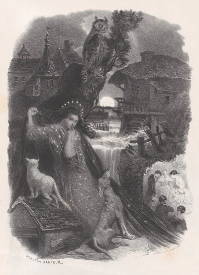 Night, vignette of girl in 18th century costume picking roses, ca. 1830-65 by Célestin Nanteuil