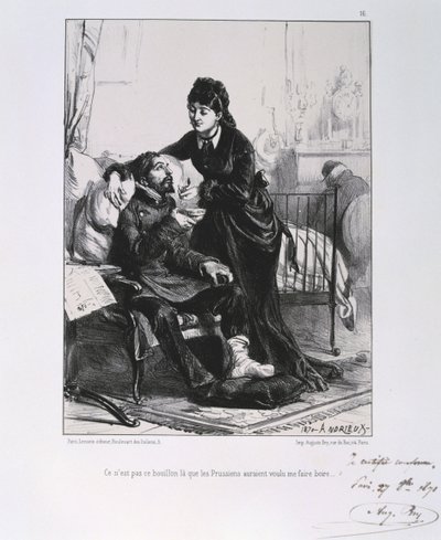 Franco-Prussian War 1870-1871: A wounded soldier being nursed and nourished. From a series of lithographs by Clement August Andrieux by Clément Auguste Andrieux