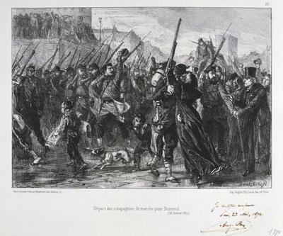 Franco-Prussian War 1870-1871: Battle of Buzenval (Mount Valerien) near Versailles 19 Jan 1871. Garde National marching to the battle and defeat. From a series of lithographs by Clement August Andrieux on the Gardes Nationales. by Clément Auguste Andrieux