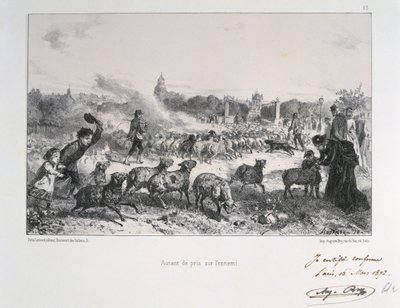 Franco-Prussian War 1870-1871: Driving away a flock of sheep to deny them falling into the hands of the Prussians. From a series of lithographs by Clement August Andrieux on the Gardes Nationales. by Clément Auguste Andrieux