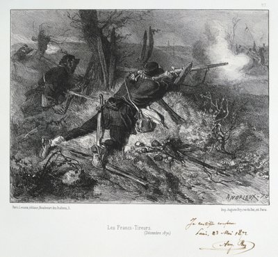 Franco-Prussian War 1870-1871: French Riflemen. From a Series of Lithographs by Clement August Andrieux on the Gardes Nationales. by Clément Auguste Andrieux