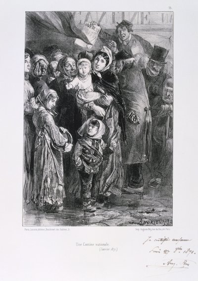 Franco-Prussian War 1870-1871. Siege of Paris 19 Sept 1870-28 Jan 1871. A national soup kitchen in Paris, January 1871. From a series of lithographs by Clement August Andrieux on the Gardes Nationales. Food Shortage Hunger by Clément Auguste Andrieux