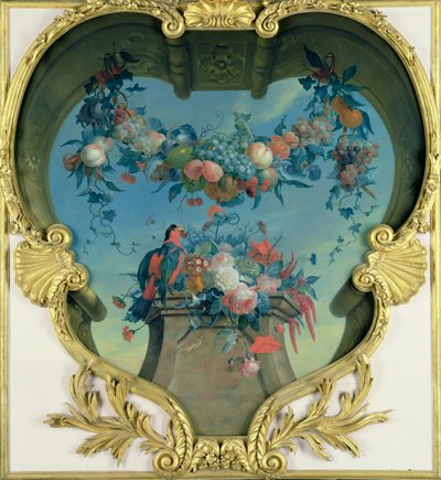 Festoon of Fruits Hanging over a Pedestal with Flowers and a Red-Green Parrot by Coenraet Roepel