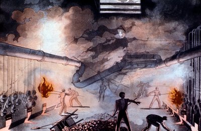 Charging retorts at the Gas Light Establishment, Brick Lane, London by Colin Mackenzie